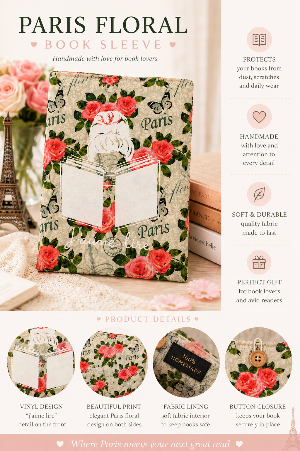 Paris Floral Book Sleeve - Medium Sleeve