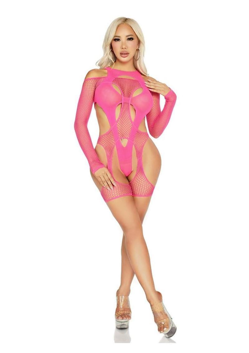 Off-The-Shoulder Fishnet Garter Harness and Layered Opaque Cut-Out Teddy