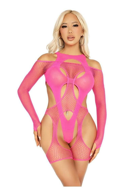 Off-The-Shoulder Fishnet Garter Harness and Layered Opaque Cut-Out Teddy