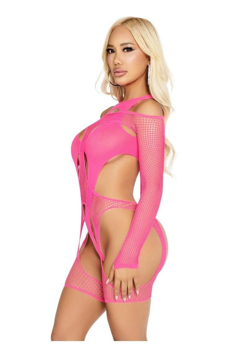 Off-The-Shoulder Fishnet Garter Harness and Layered Opaque Cut-Out Teddy